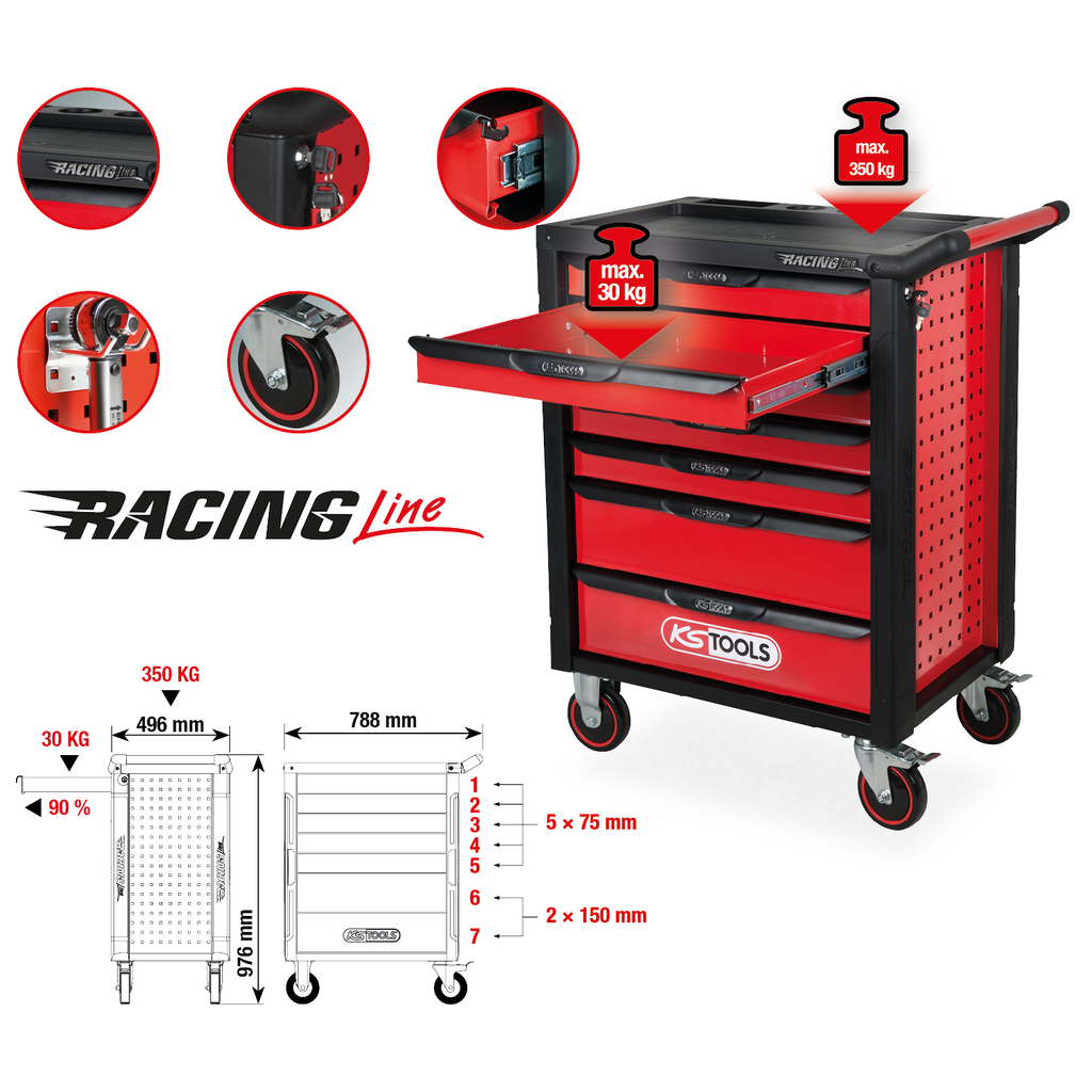 Workshop trolley RACINGline black/red with 7 drawers