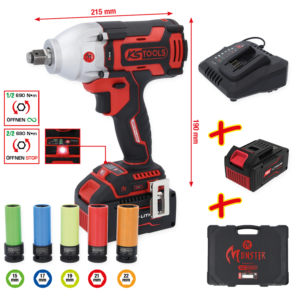 KS Tools eMONSTER 1/2" Brushless-Akku-Schlag- Schrauber-Satz, 9-tlg