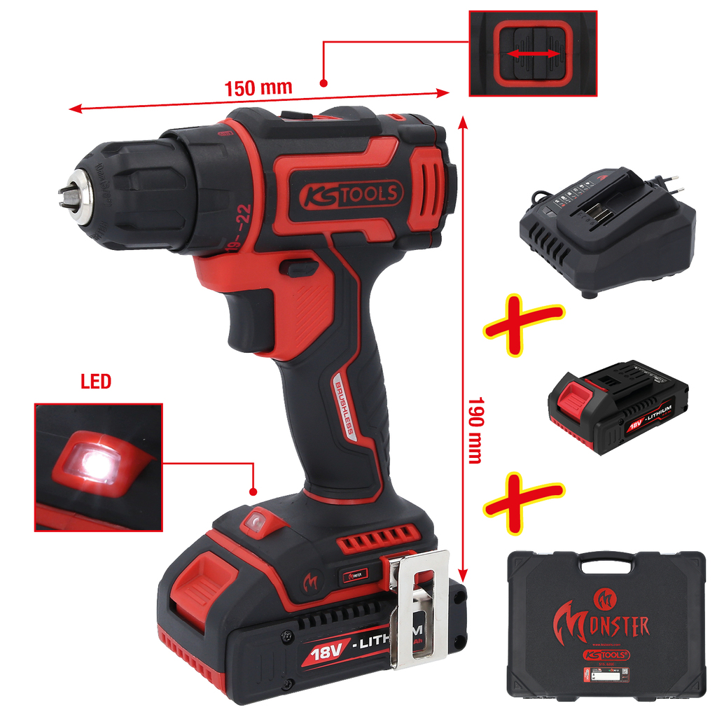 KS Tools eMONSTER Brushless-Akku-Bohr-Schrauber-Satz, 4-tlg