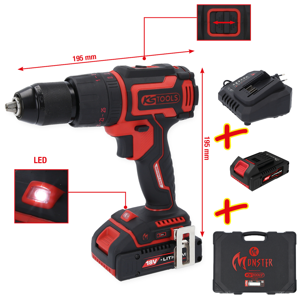 eMONSTER Brushless-Akku-Schlag-Bohr-Schrauber-Satz, 4-tlg