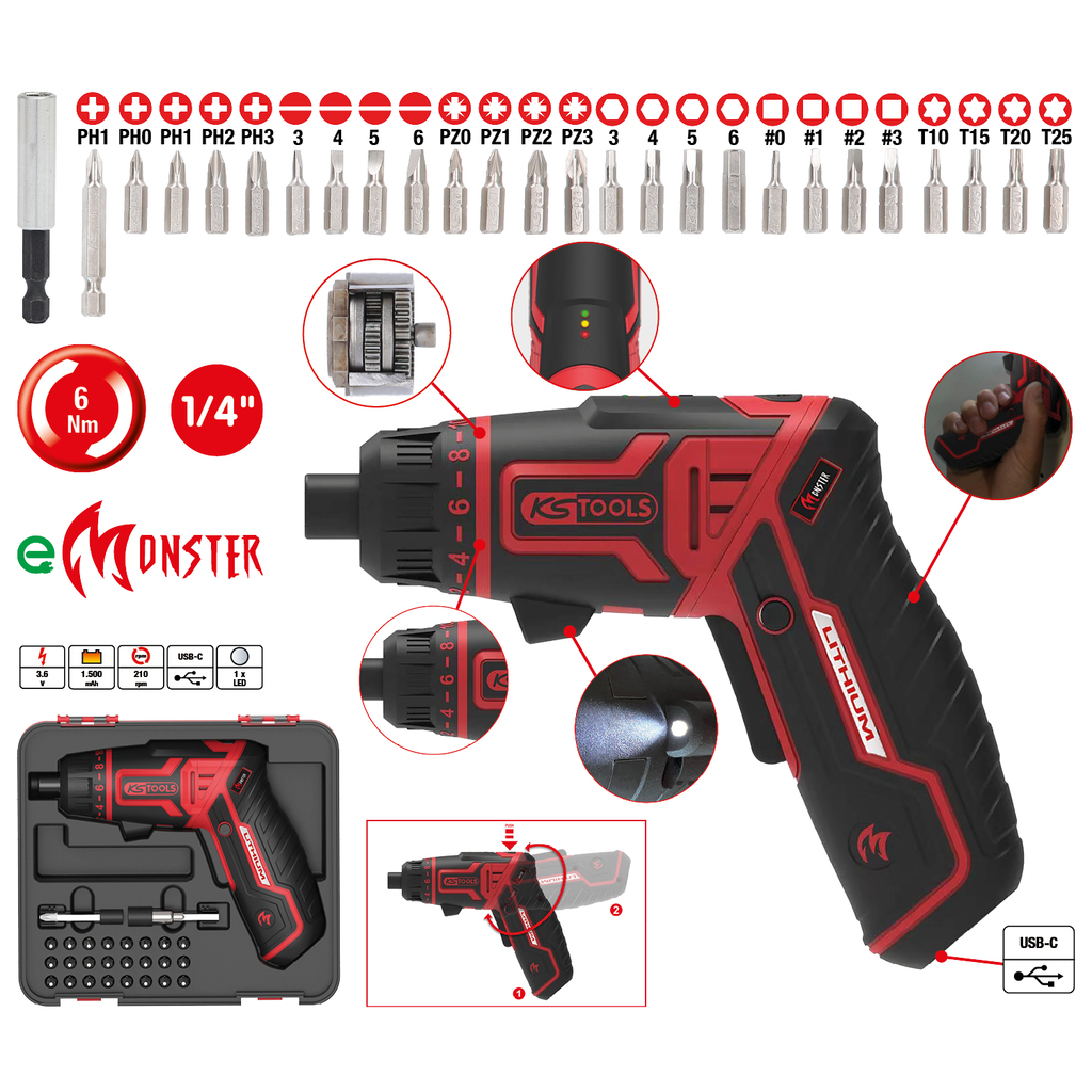 KS Tools eMONSTER 1/4" cordless bit screwdriver set, 27 pcs.