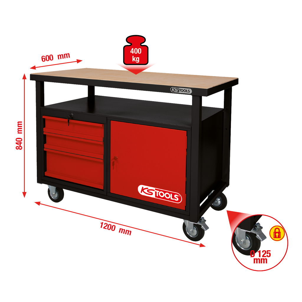 Mobile workbench with 3 drawers and 1 door