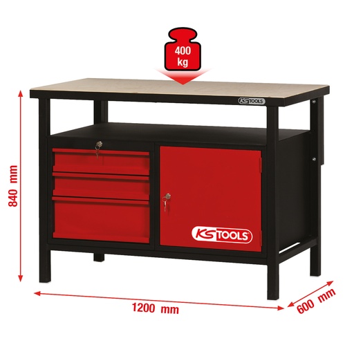 [865.0003] Werkbank mit 3 Schubladen und 1 Tür, H840xB1200xT600mm